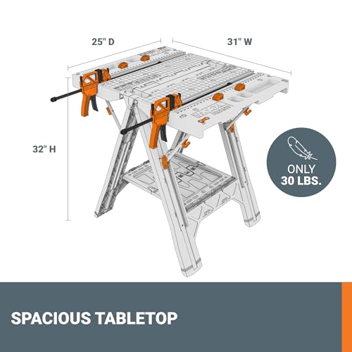 Worx Pegasus 2-in-1 Folding Work Table & Sawhorse, Easy Setup Portable Workbench, 31" W x 25" D x 32" H Lightweight Worktable with Heavy-Duty Load WORX