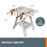 Worx Pegasus 2-in-1 Folding Work Table & Sawhorse, Easy Setup Portable Workbench, 31" W x 25" D x 32" H Lightweight Worktable with Heavy-Duty Load WORX