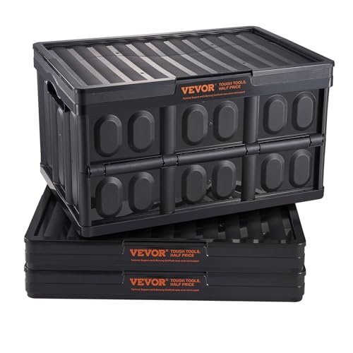 VEVOR 45L Collapsible Storage Bins with Lids 3 Packs, Stackable Utility Crates with Handles, Large Folding Containers for Organizing Tools, Toys, VEVOR