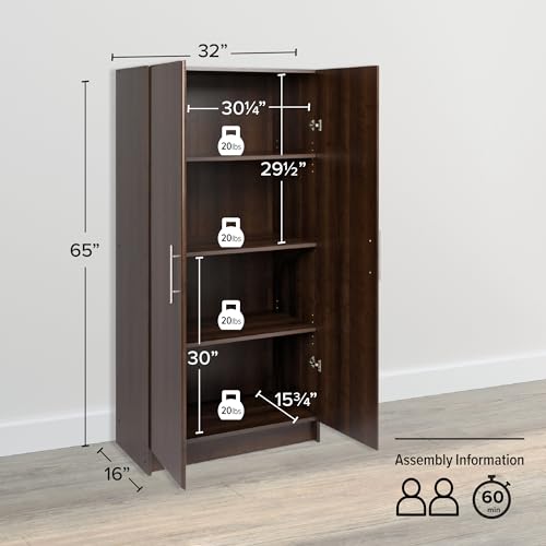 Prepac Elite 32" Storage Cabinet, Brown Storage Cabinet, Bathroom Cabinet, Pantry Cabinet with 3 Shelves 16" D x 32" W x 65" H, EES-3264