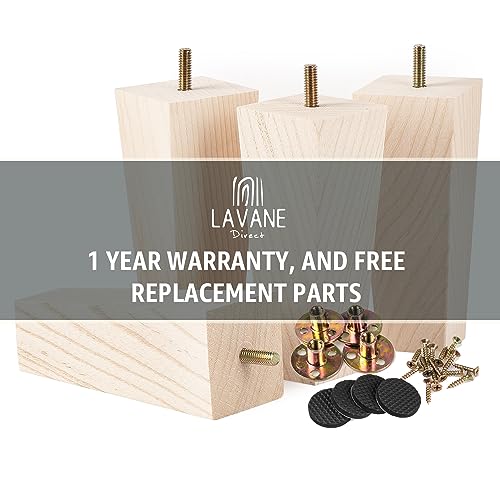 6 inch Unfinished Ash Wood Furniture Legs, LAVANE Set of 4 Mid-Century Modern Pyramid Wooden Replacement Feet with Pre-Drilled 5/16 Inch Bolt & La Vane