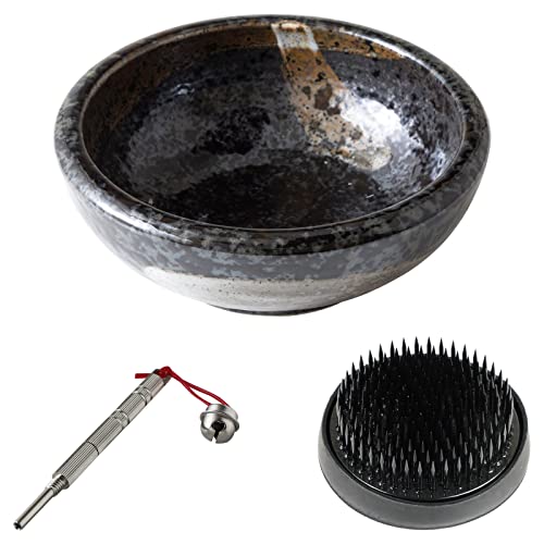 Wazakura Made in Japan Ikebana for Beginners Tool Kit, Minoyaki Black Flower Vase, 2.4in (61mm) Black Kenzan Holder, Cleaner (Minoyaki Black Vase, Wazakura