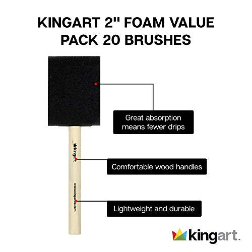 KINGART 242-20 Foam 20 Pc. Value Pack 2" Brush Set, Short Wood Handle, for Oil, Acrylic & Watercolor Paint, Great for Crafts, DIY Home Projects, - WoodArtSupply