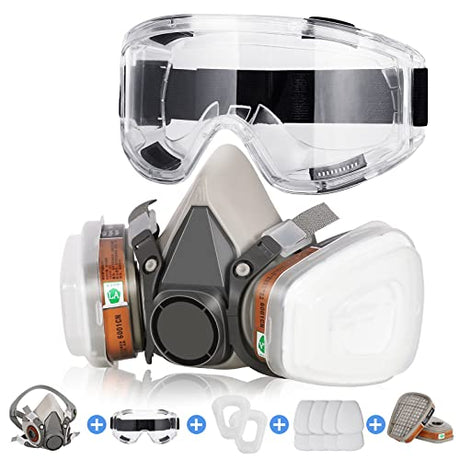 Reusable Half Facepiece Cover Set w/Safety Goggles & Filters Against Dust Organic Vapors Gas Pollen Chemicals Suitable for Painting Spraying Sanding Panbear