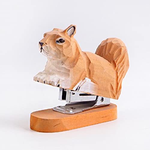 Stapler Set 1PC Wooden Animal Stapler, Squirrel Staplers for Desk, Squirrel Desktop Stitcher Handmade Wood Carving Statue Sculpture for Office Zerodeko