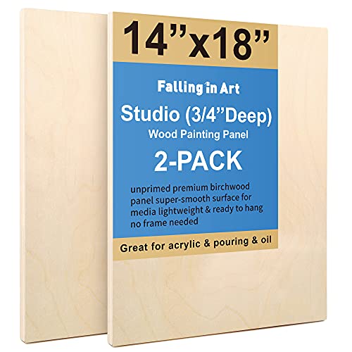 Unfinished Birch Wood Canvas Panels Kit, Falling in Art 2 Pack of 14x18’’ Studio 3/4’’ Deep Cradle Boards for Pouring Art, Crafts, Painting, and More Falling in Art
