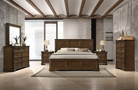 Roundhill Furniture Maderne Traditional Wood Panel Bed with Dresser, Mirror, Two Nightstands, Chest, King, Antique Walnut Roundhill Furniture