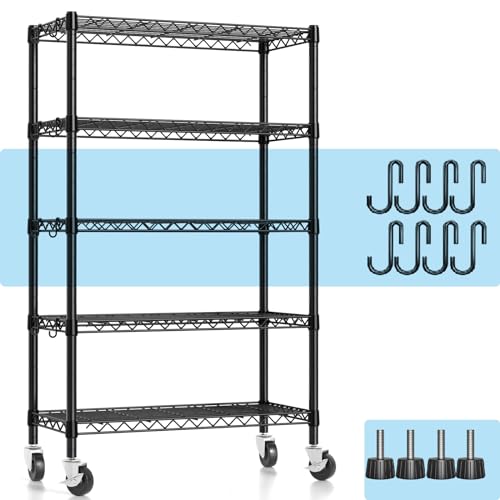 Hodonas Metal Shelving Unit with Wheels, 5-tier Wire Shelving with Adjustable Shelves for Storage, Freestanding Heavy Duty Metal Wire Storage Shelf Hodonas