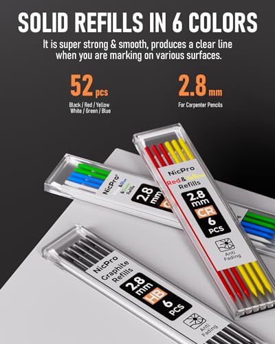 Nicpro 4 Pack Carpenter Pencil with Sharpener & Cap, Mechanical Carpenter Pencils Set with 52 Refill, Deep Hole Marker Woodworking Pencils, Heavy Nicpro