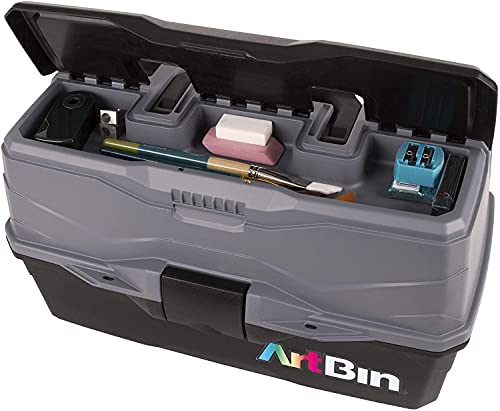 ArtBin 6893AG 3-Tray Art Supply Box, Portable Art & Craft Organizer with Lift-Up Trays, [1] Plastic Storage Case, Gray/Black ArtBin