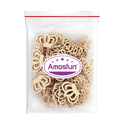 Amosfun 50pcs Cartoon Hollow Out Crown Shape Wooden Pieces Cutouts Craft Embellishments Wood Ornament Manual Accessories for DIY Art Amosfun