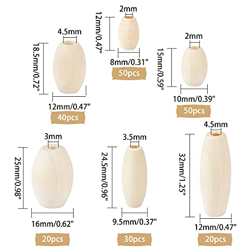 OLYCRAFT 210PCS Oval Wood Beads Natural Wooden Beads Mixed Size Unfinished Wooden Barrel Beads, Wood Loose Spacer Beads for Jewelry Making DIY OLYCRAFT
