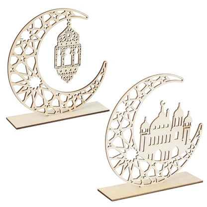 2 Pieces Wood Ramadan Decorations Islamic Eid Mubarak Kareem Table Sign Moon Hollow Star Ornament for Muslim Party Tabletop Decor Home Art Craft - WoodArtSupply