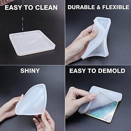 ResinWorld 4 Pack 4 inches Square Coaster Molds, Shiny Coaster Silicone Mold for Resin, Geode Aagte Coaster Resin Molds ResinWorld