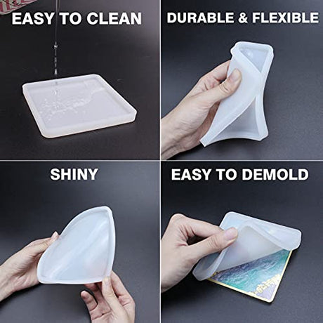 ResinWorld 4 Pack 4 inches Square Coaster Molds, Shiny Coaster Silicone Mold for Resin, Geode Aagte Coaster Resin Molds ResinWorld