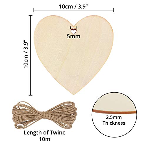 Kurtzy 50 Pack of Wooden Hearts with Natural Twine - 10x10cm / 4x4 Inches Unfinished Wooden Shaped Heart Set with Holes - Decorations for Weddings, Kurtzy