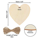 Kurtzy 50 Pack of Wooden Hearts with Natural Twine - 10x10cm / 4x4 Inches Unfinished Wooden Shaped Heart Set with Holes - Decorations for Weddings, Kurtzy