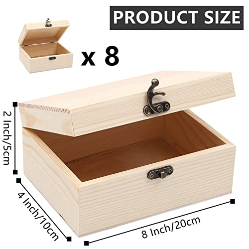 RHBLME 8 Pack Unfinished Wooden Boxes for Crafts, 8 x 4 x 2 Inch Wooden Box with Hinged Lid and Front Clasps, Unpainted Wooden Box for Crafts DIY RHBLME