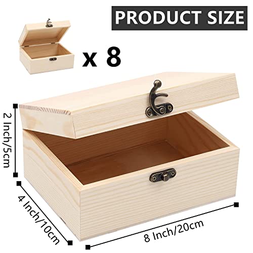 RHBLME 8 Pack Unfinished Wooden Boxes for Crafts, 8 x 4 x 2 Inch Wooden Box with Hinged Lid and Front Clasps, Unpainted Wooden Box for Crafts DIY - WoodArtSupply