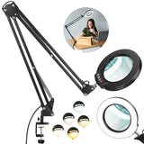 10X Large Magnifying Glass with Light and Stand, KRSTLV 2 x 16 Inch Adjustable Swivel Arm LED Desk Lamp with Clamp, 5 Color Modes Stepless Dimmable, Krstlv