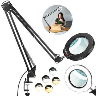 10X Large Magnifying Glass with Light and Stand, KRSTLV 2 x 16 Inch Adjustable Swivel Arm LED Desk Lamp with Clamp, 5 Color Modes Stepless Dimmable,