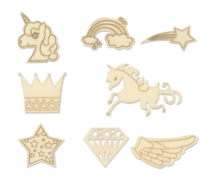Mini Laser Cuts Wood Shape - Unicorn Princess - Unicorns, Rainbows, Stars, and More - 45 Pieces - 1'' Across Forever in Time