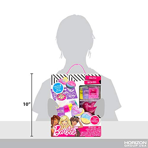 Barbie Make Your Own Bath Bomb Kit by Horizon Group USA, DIY Four Custom Colorful & Sweet-Smelling Bath Bombs, Includes Stencil, Glitter, Molds, Barbie