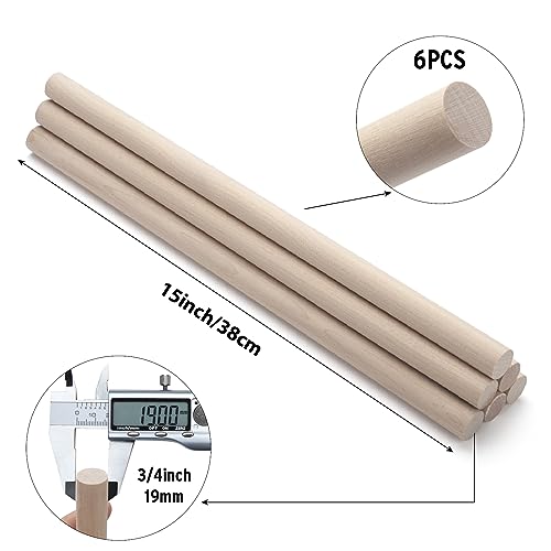Wooden Dowel Dods Wood Dowels for Crafts, 6 PCS 3/4 x 15" Round Macrame Wooden Sticks for Crafting, Unfinished Hardwood Sticks for Arts and DIYers, Coowayze