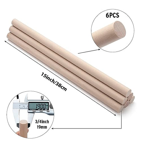 Wooden Dowel Dods Wood Dowels for Crafts, 6 PCS 3/4 x 15" Round Macrame Wooden Sticks for Crafting, Unfinished Hardwood Sticks for Arts and DIYers, Coowayze