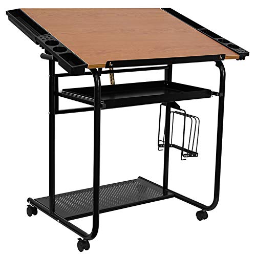 Flash Furniture Swanson Adjustable Drawing and Drafting Table with Black Frame and Dual Wheel Casters, Cherry Flash Furniture