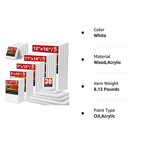 30 Pack Canvases for Painting with 4x4, 5x7, 8x10, 9x12, 11x14, 12x16, Painting Canvas for Oil & Acrylic Paint - WoodArtSupply