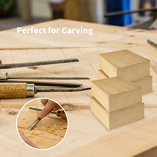 6 Pack Unfinished Wood Blocks for Crafting, 4x4x2 Inch Squares Basswood Blocks for Carving, Wood Blocks for Crafts, Basswood Carving Blocks for KEJJNYER