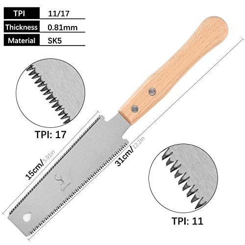 Japanese Hand Saw Woodworking Tools, SS SHOVAN Double Edged 11/17 TPI Flush Cut Saw, Wooden Handle Pull Saw Small Handsaw for Fine Cutting Wood SS SHOVAN