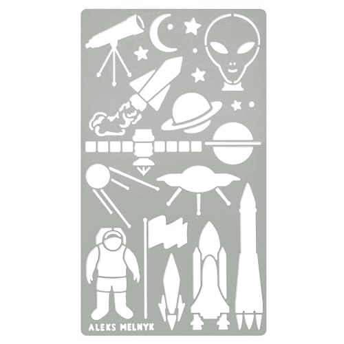 Aleks Melnyk #23 Metal Journal Stencil, Rocket Ship, Alien Head Stencil Small, Space Stencil for Painting, Constellation, Planet, UFO, Template Wood - WoodArtSupply