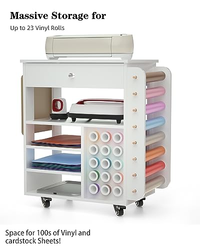 Rolling Craft Cart and Storage Table for Cricut - VDamu Vinyl Roll Holder and Craft Room Organizer - WoodArtSupply