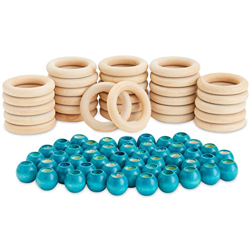 Bright Creations Unfinished Teal Wood Beads and Wooden Rings for Macrame, DIY Crafts (80 Pieces) - WoodArtSupply