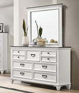 Roundhill Furniture Clelane Wood Bedroom Set with Shiplap Panel Bed, Dresser, Mirror, Two Nightstands, and Chest, Queen, Weathered White and Walnut Roundhill Furniture