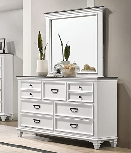 Roundhill Furniture Clelane Wood Bedroom Set with Shiplap Panel Bed, Dresser, Mirror, Two Nightstands, and Chest, King, Weathered White and Walnut Roundhill Furniture