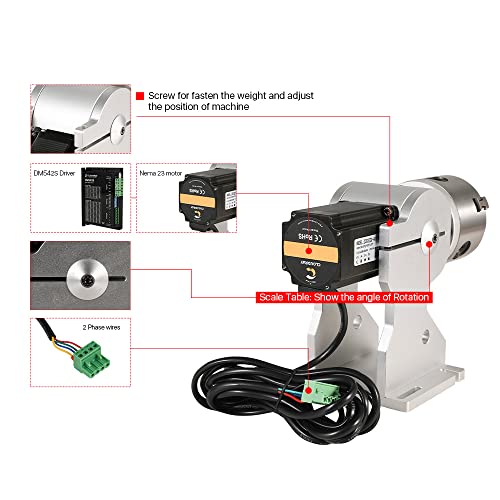 Cloudray 3-Jaw,Chuck Rotary Attachment,Axle Height 5inch Nema 23 Stepper Motor,Reducing ratio 1 for Fiber Marking Machine Engraving Machine (RA-A D80 - WoodArtSupply