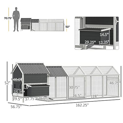 PawHut 162" Large Chicken Coop Wooden for 6-8 Chickens with Handles, Outdoor Chicken Cage Hen House with 2 Nesting Boxes, Water-Resistant Roof,