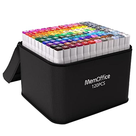 MemOffice 120 Colors Dual Tip Artist Alcohol Markers Set with Carrying Case - Perfect for Coloring, Drawing, Sketching, Card Making and Illustration MemOffice