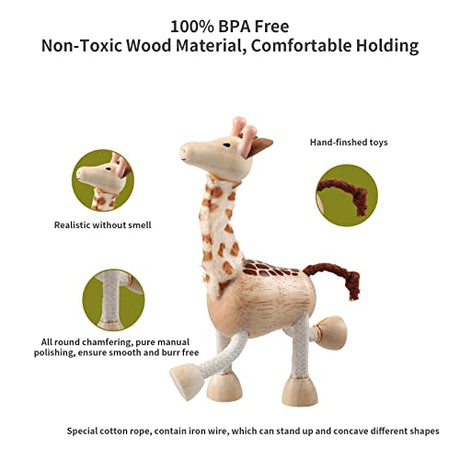 12PCS Bendable Wooden Animal Toys, Fun and Posable Animal Toys Figures for Early Education, Safari Wood Toy for Kids, Smooth Natural Wood, Wood Drachompa