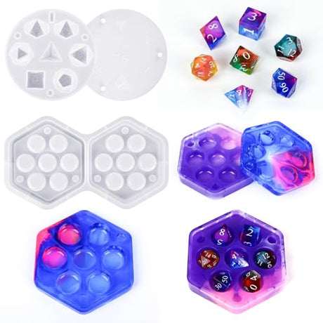KISREL Dice and Dice Box Resin Molds Silicone, DND Dice and Dice Organizer Epoxy Resin Molds with 7 Standard Stereoscopic Dice Cavities, Silicone KISREL