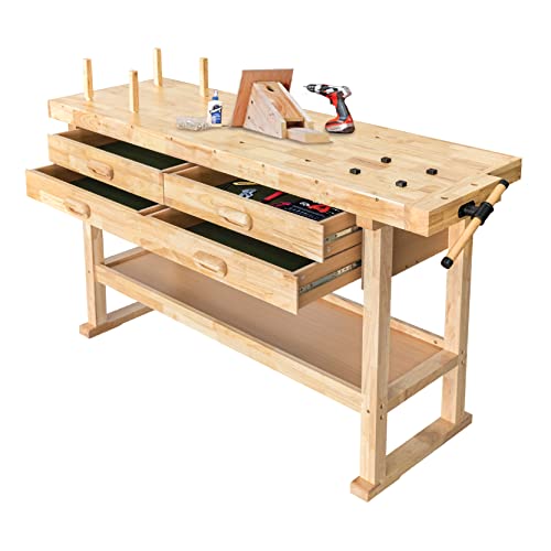Olympia Tools 60-Inch Wooden Workbench - Rubberwood Workbench with 4-Drawer, 450lbs Weight Capacity - Perfect Workbench for Garage, Workshop and Olympia Tools