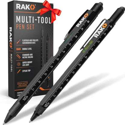 RAK 2-in-1 Multi-Tool Pen Set (2 Pack) Dad Christmas Gifts for Men - LED Tactical Pen Light, Stylus, Ruler, Level, Bottle Opener, Screwdriver,