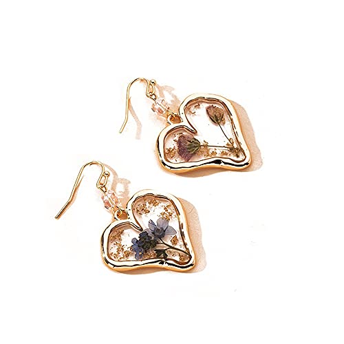 Pressed Flower Love Heart Dangle Earrings Daisy Dandelion Dry Flowers Setting Inside Resin Golden Fashion Earrings for Women Girls-Heart Shape Yocoyee