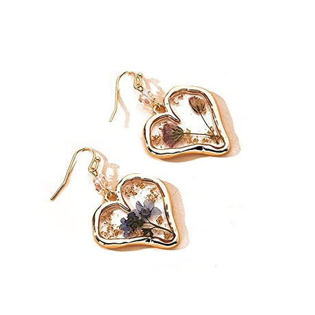 Pressed Flower Love Heart Dangle Earrings Daisy Dandelion Dry Flowers Setting Inside Resin Golden Fashion Earrings for Women Girls-Heart Shape Yocoyee