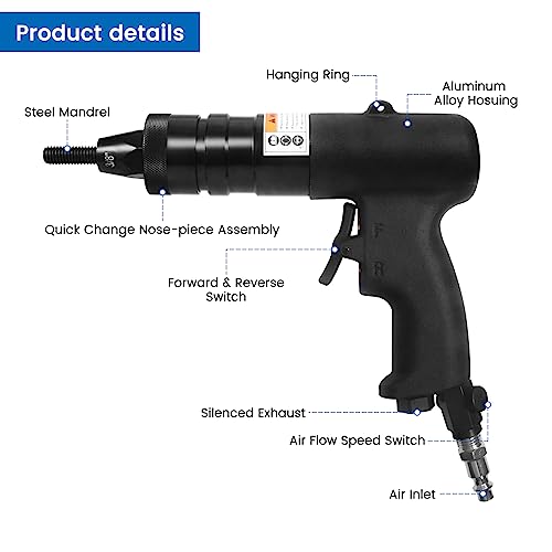 QIUMIN Pneumatic Rivet Nut Gun with Self-Locking Head Gun 1/4'', 5/16'', 3/8'' Mandrels, Air Riveting Gun Kit Riveter Set QIUMIN