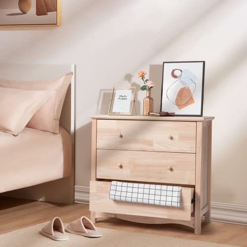 VINGLI Unfinished Natural Solid Wood 3 Drawer Dresser for Bedroom, Farmhouse Dressers & Chests of Drawers Color DIY Rubber Wood Dresser with Full