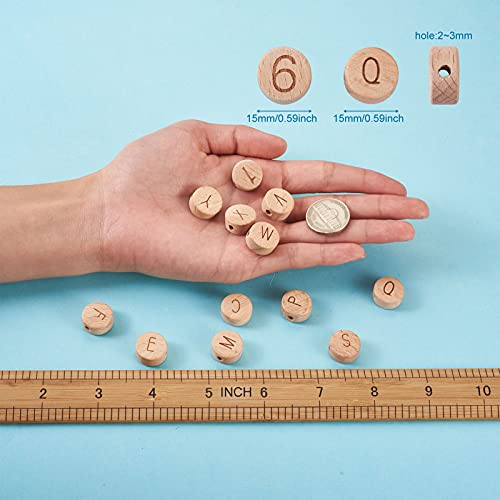 Pandahall 72pcs Wooden Alphabet Number Beads Set Unfinished Beech Flat Round Loose Spacer Beads for DIY Crafts Jewelry Making Personalized Name ID PH PandaHall